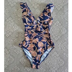 Cupshe Womens Floral Ruffle V-Neck One Piece Swimsuit Navy Blue Peach Size M